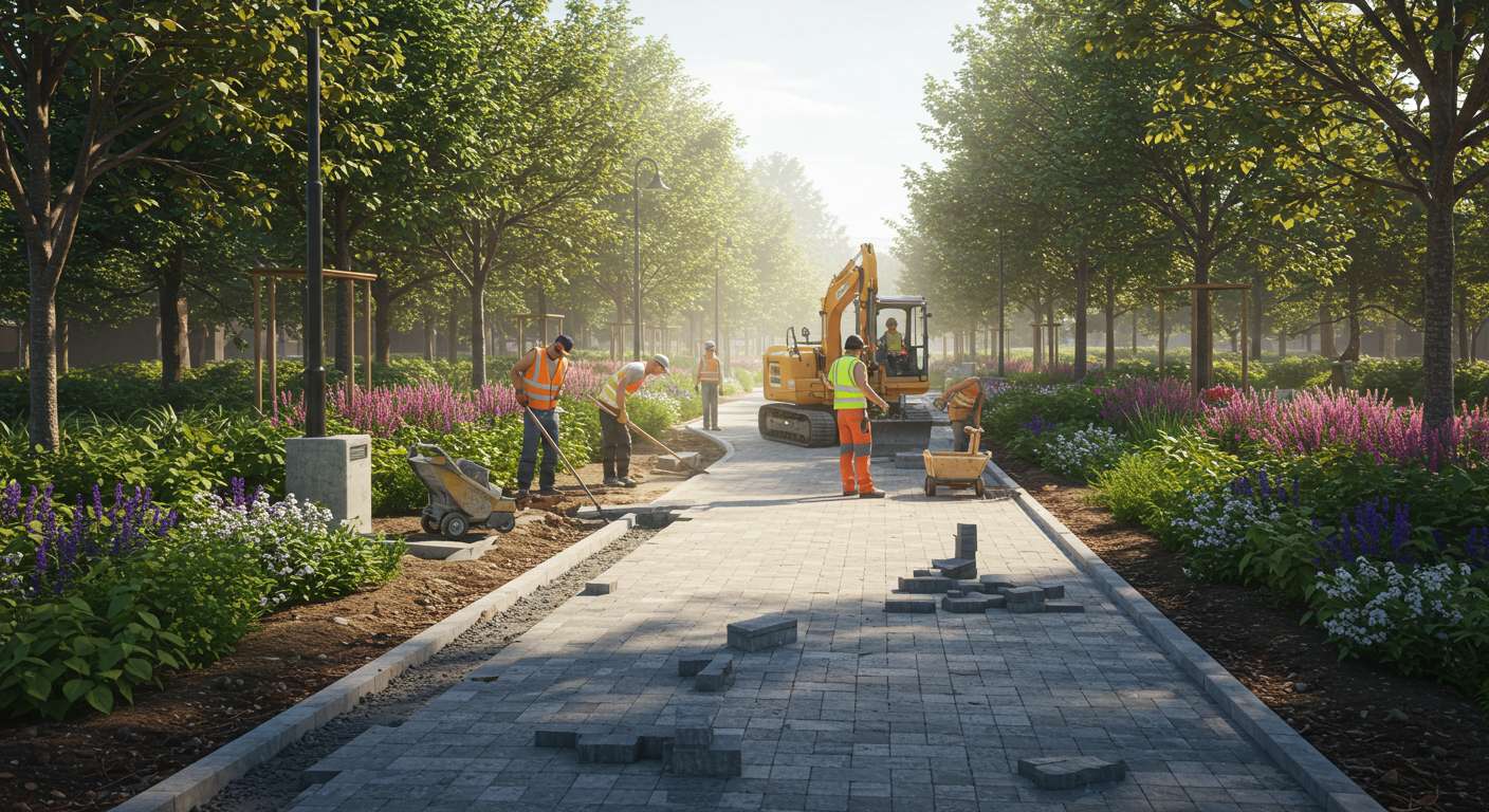 Асфальтирование пешеходных дорожек в парке Асфальтирование пешеходных дорожек в парке