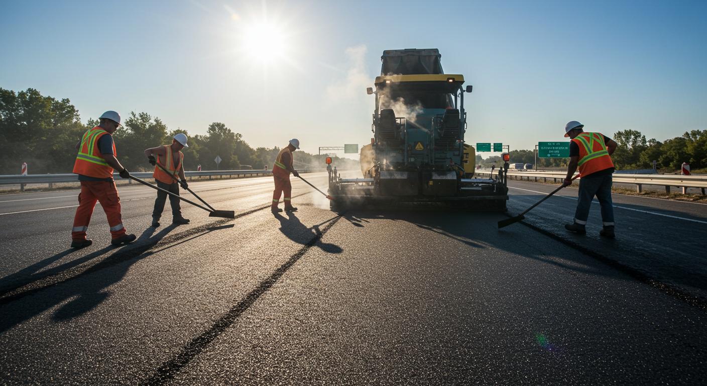 Горячая укладка асфальта на магистральной дороге