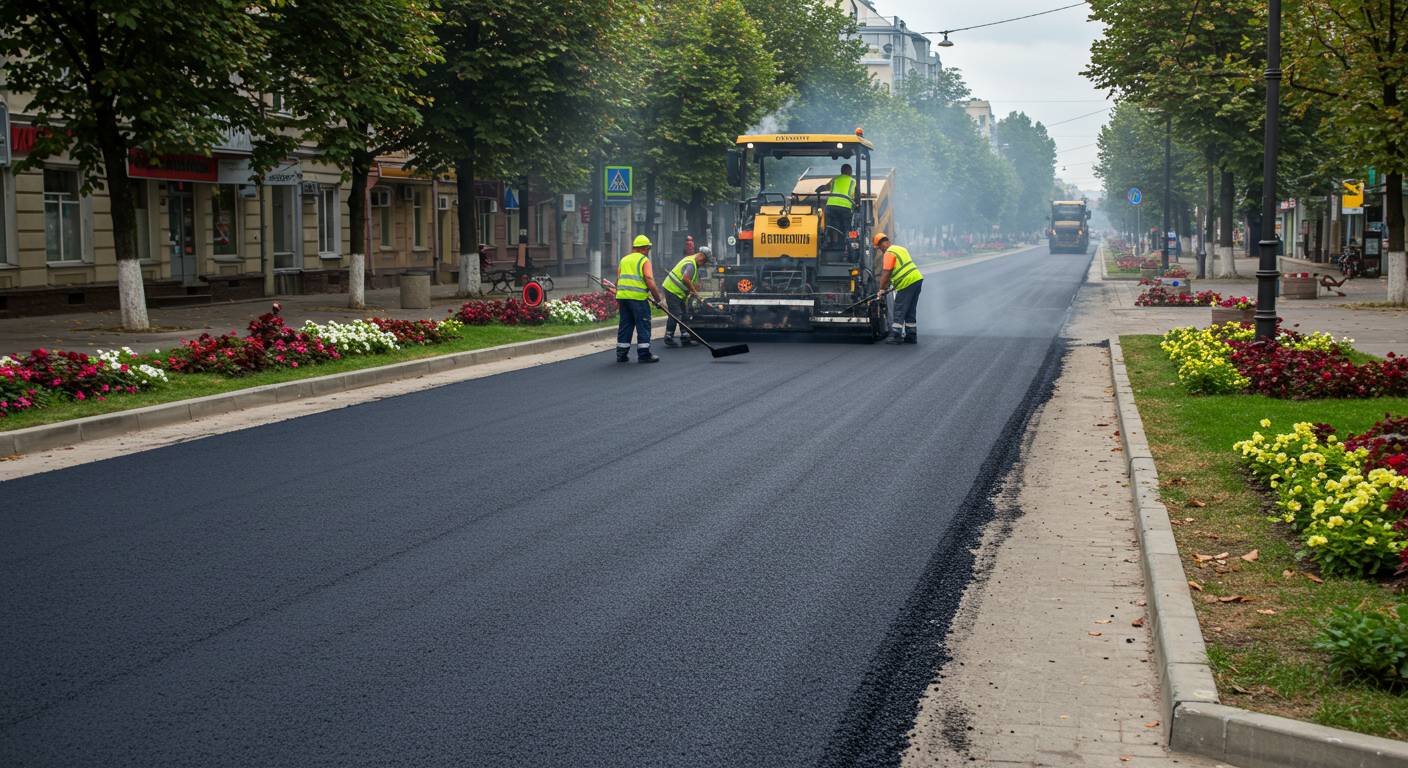 Асфальтирование дорог с фигурным оформлением обочин городские улицы